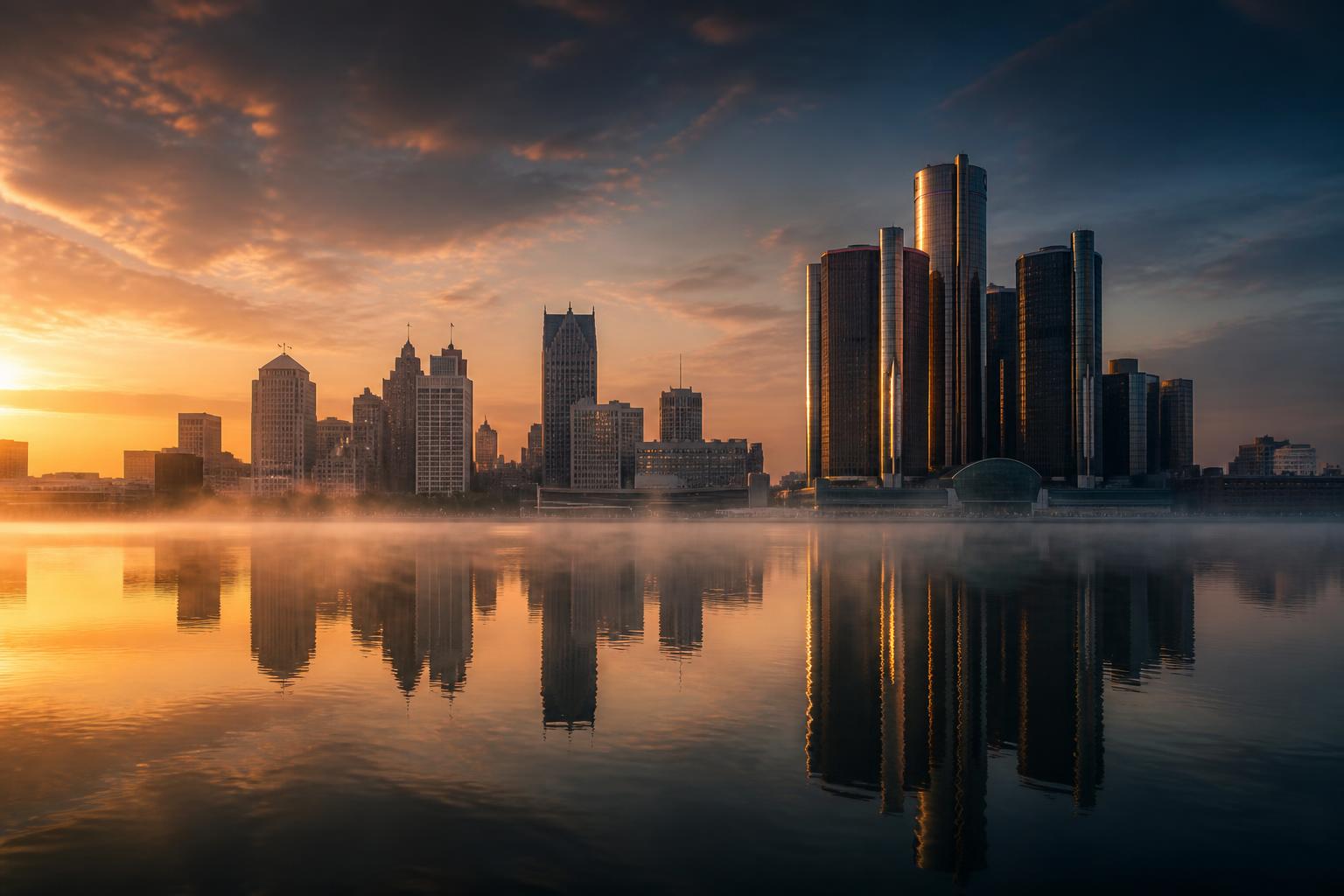 Detroit skyline at dawn, viewed across the river