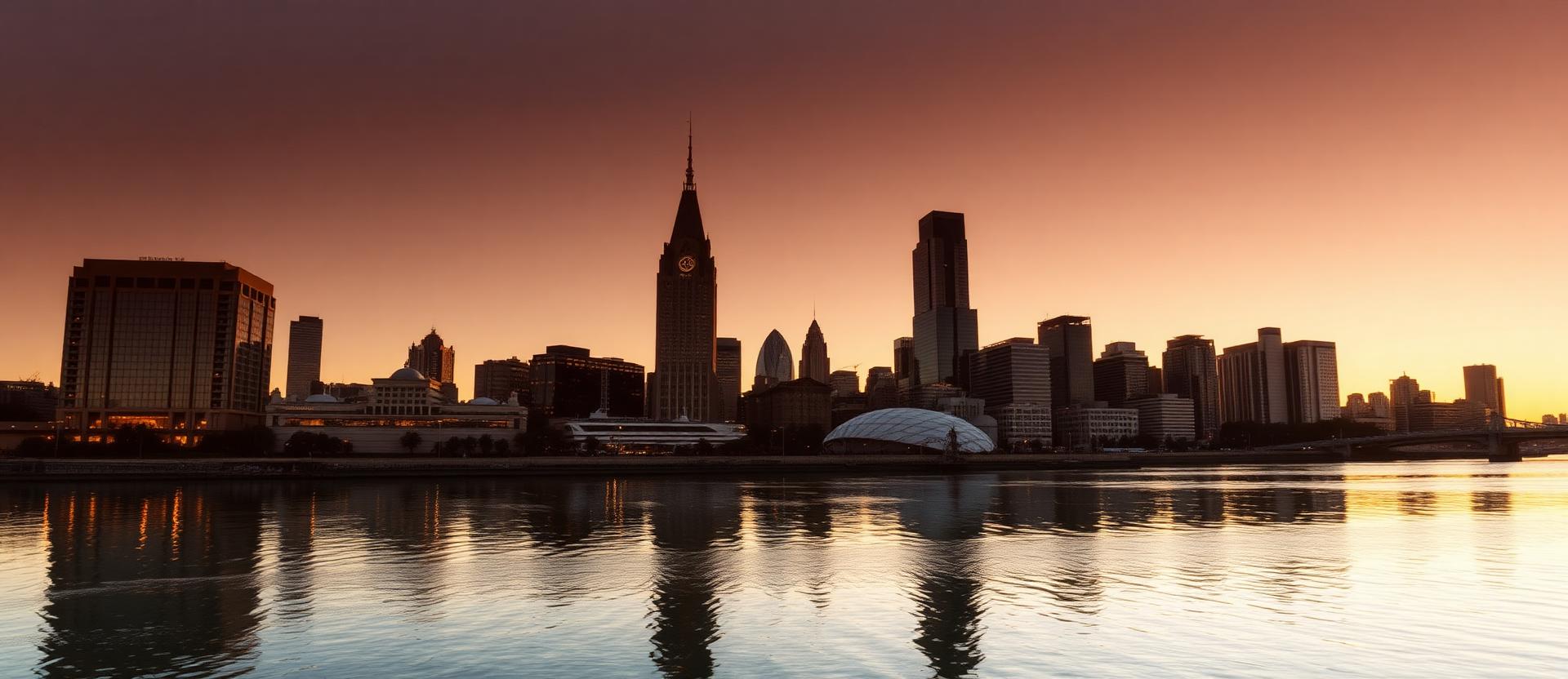 Detroit riverfront and Renaissance Center reflected at sunrise