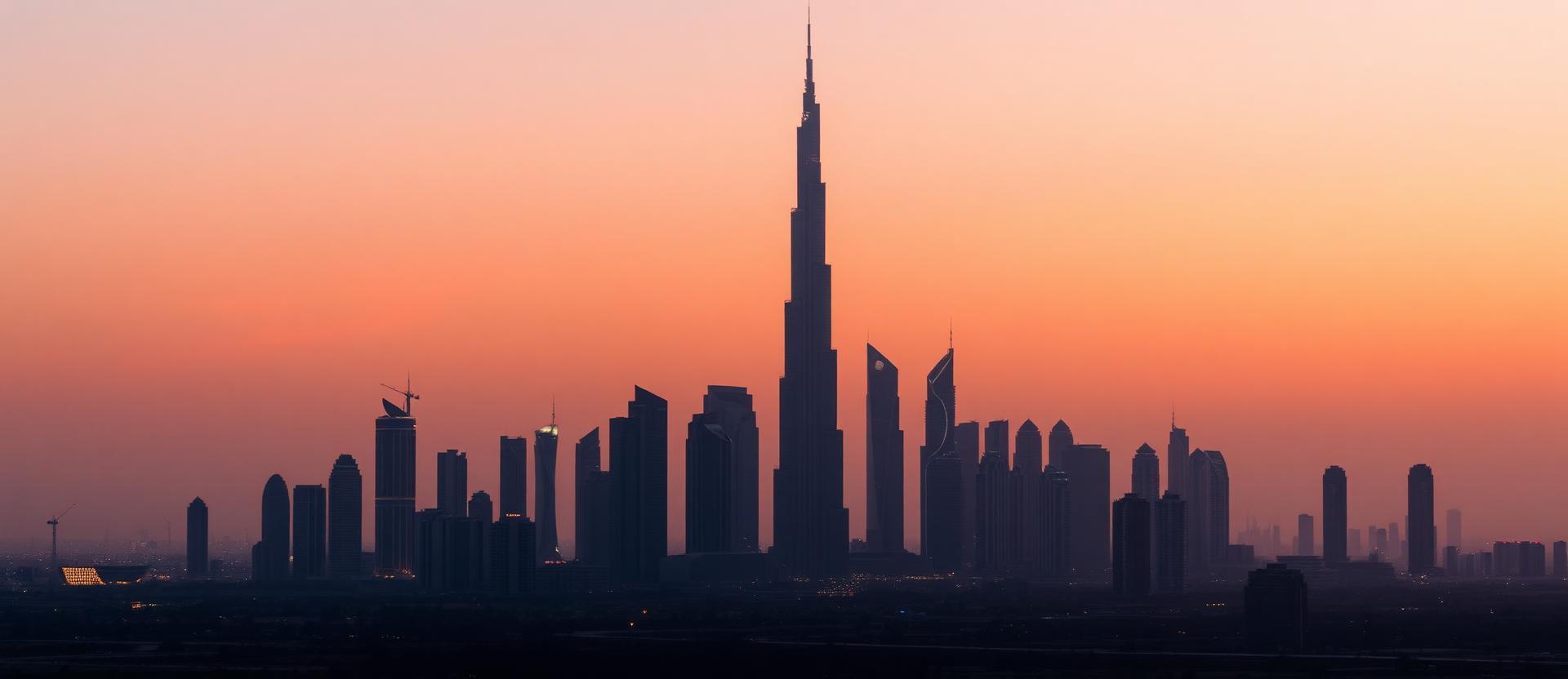 Dubai skyline at sunrise with the Burj Khalifa